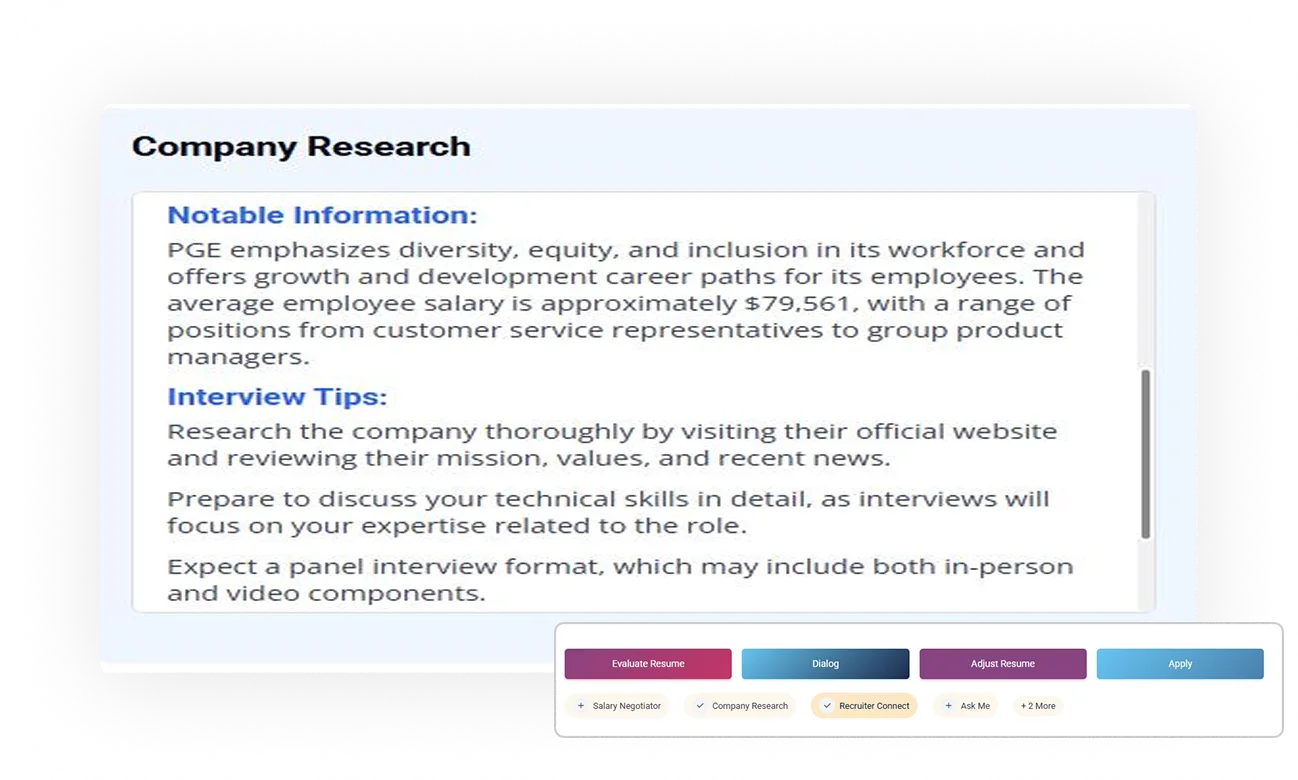 Company research interface displaying notable information about PGE, including diversity and salary details, alongside interview tips for job seekers.